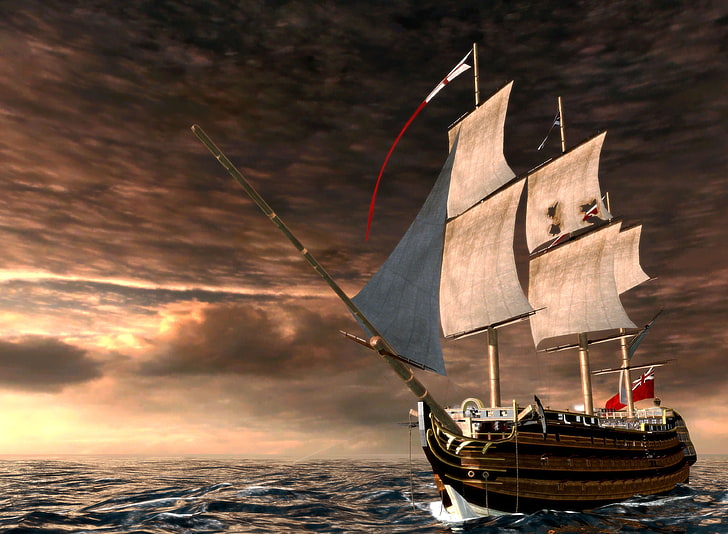 wallpaper kapal galleon coklat, laut, gelombang, grafik, kapal, perahu layar, layar, tiang kapal, Wallpaper HD