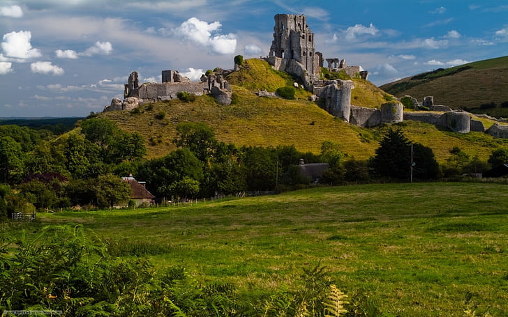 Ancient, architecture, castle, clouds, Corfe Castle, Dorset, England, field, grass, Hills, landscape, nature, Ruin, tower, Trees, UK, HD wallpaper
