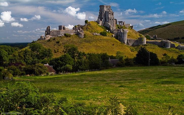 nature, landscape, trees, clouds, tower, ancient, architecture, castle, ruin, hills, field, grass, Dorset, England, UK, Corfe Castle, HD wallpaper
