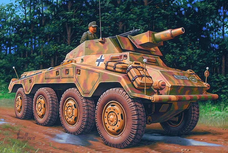 road, forest, art, top, puddles, one, troops, motorized, 75 mm, gun, divisions, tank, units, short, open, K51, intelligence, the wheelhouse, most, perfect, Sd.Kfz.234/3. armored car, German, fixed, fire support, Heavier. Armored reconnaissance vehicle. (7, was, technically, 5 cm), The second world war. Used, HD wallpaper