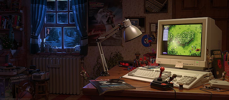 Amiga, Regreso al futuro, dormitorios, computadora, joystick, lámparas, juegos retro, ventana, Fondo de pantalla HD