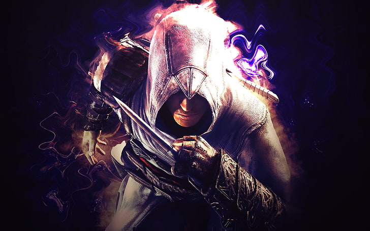 Assassin's Creed цифровые обои, одежда, игра, доспехи, нож, капюшон, кинжал, Assassins Creed, игра, шпион, Ubisoft, ассасин, ассасин, Альтаир, Летающий орел, Альтаир Ибн-Ла-Ахад, метатель ножей, стелс, Assassin'sКрид, фехтовальщик, Альтаир ибн Ла-Ахад, HD обои