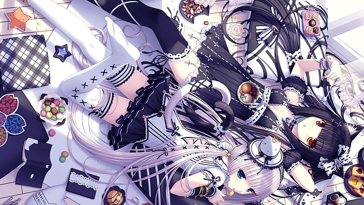 Schwarzhaariges Mädchen in schwarzer Kimonoillustration, Katzenmädchen, Neko Para, Neko Works, Chocolat (Neko Para), Vanille (Neko Para), Sayori, HD-Hintergrundbild