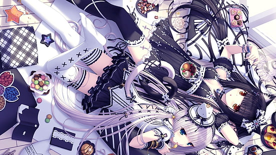 menina de cabelos pretos na ilustração de quimono preto, gato menina, Neko Para, Neko Works, Chocolat (Neko Para), Baunilha (Neko Para), Sayori, HD papel de parede HD wallpaper