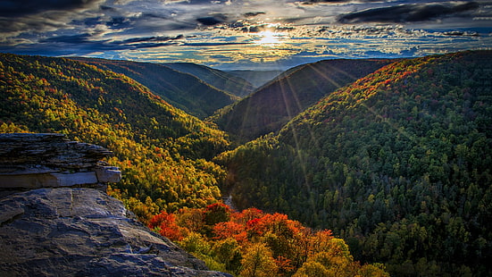 山の風景、光線、ブラックウォーターフォールズ州立公園、サンレイ、リンディポイント、ウェストバージニア、風景、アメリカ、丘、朝、自然、ハイランド、州立公園、木、秋、山岳地形、山、空、荒野、紅葉、 HDデスクトップの壁紙 HD wallpaper
