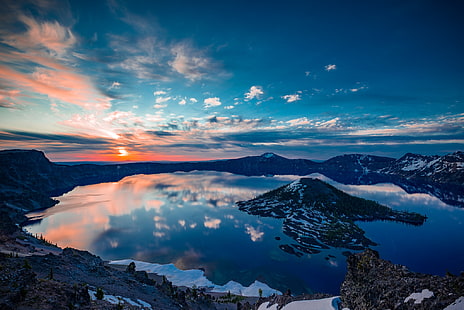 въздушен изглед на езеро, пейзаж, езеро, езерото Кратер (Орегон), HD тапет HD wallpaper