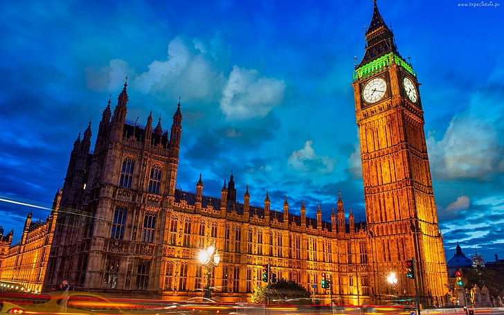 Westminster con Big Ben, Londra, orologio, torre, edificio, luci, Sfondo HD