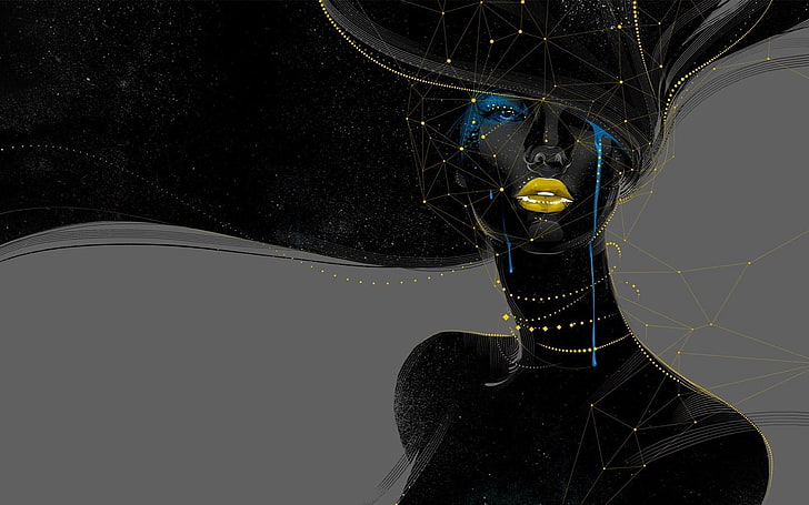 woman with yellow lipstick illustration, woman portrait painting, women, geometry, black, artwork, crying, abstract, digital art, face, HD wallpaper