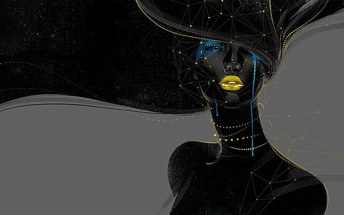 woman with yellow lipstick illustration, woman portrait painting, women, geometry, black, artwork, crying, abstract, digital art, face, HD wallpaper HD wallpaper