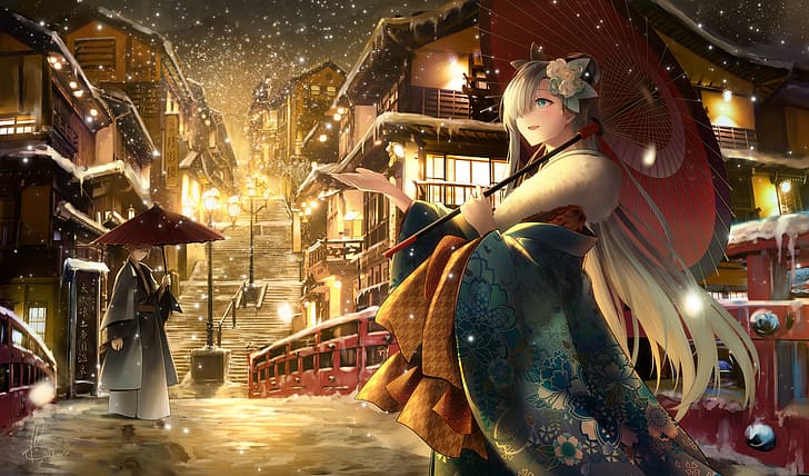Fate/Grand Order, anastasia (fate/grand order), snow, umbrella, anime, anime girls, white hair, HD wallpaper