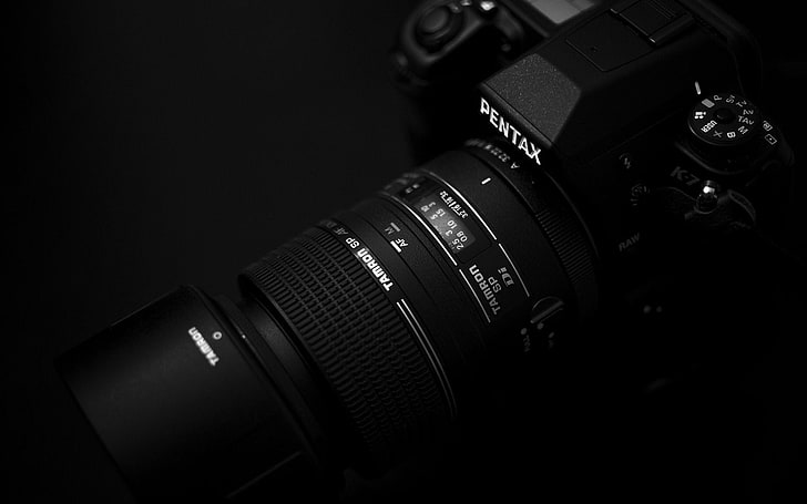 svart Pentax DSLR-kamera, pentax, kamera, logotyp, lins, HD tapet