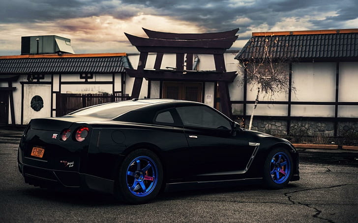 Nissan GT-R R35 carro azul rodas estacionamento, preto nissan gtr r35, nissan, gt-r, azul, rodas, estacionamento, HD papel de parede