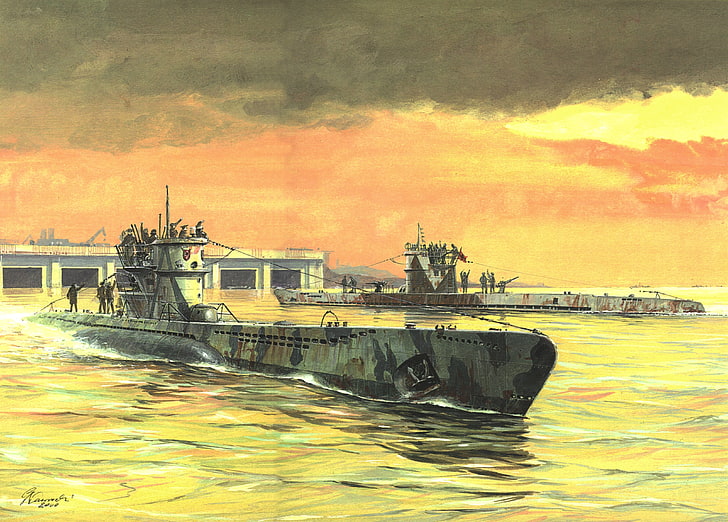 szaro-czarna ilustracja łodzi, postać, łodzie, sztuka, podwodny, łódź podwodna, typ, wody, niemiecka marynarka wojenna, Francja. II wojna światowa, VIIC, olej napędowy, IXC, port Saint-Nazaire, Tapety HD