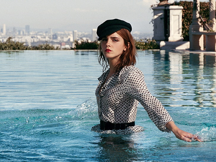 Emma Watson, Emma Watson, oyuncu, esmer, kadınlar, şapka, yüzme havuzu, HD masaüstü duvar kağıdı