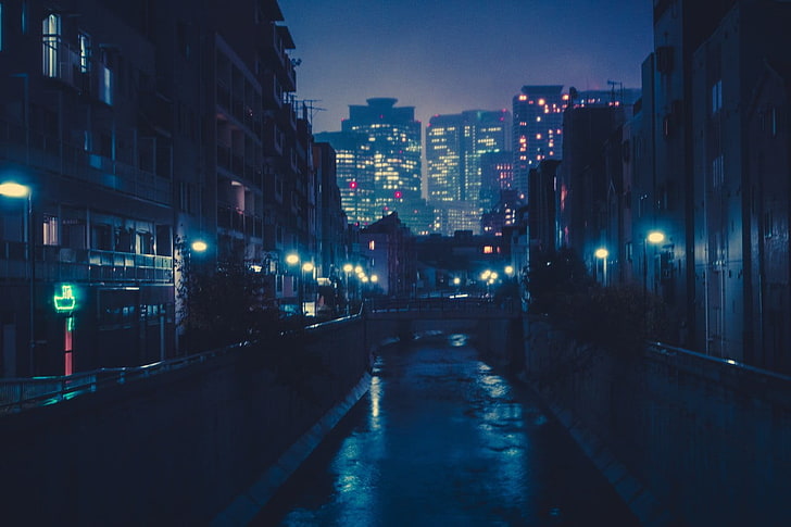 silhouette photo of street, silhouette of buildings, Japan, night, cityscape, lantern, Asia, HD wallpaper