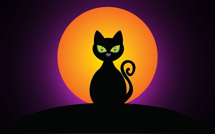 иллюстрация кошки, кот, черный, хэллоуин, луна, силуэт, HD обои