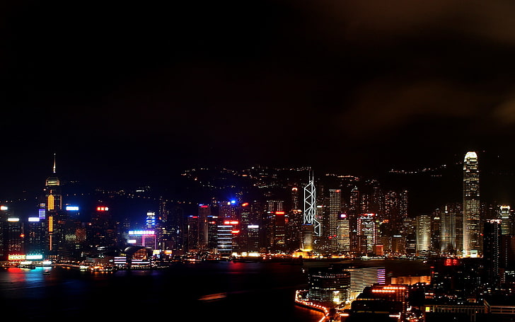ciudad, noche, luces, paisaje urbano, ciudad, Hong Kong, China, Fondo de pantalla HD