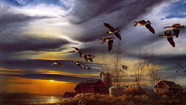 painting, art, wild duck, mallard, terry redlin, farm, sunset, countryside, lakeside, HD wallpaper