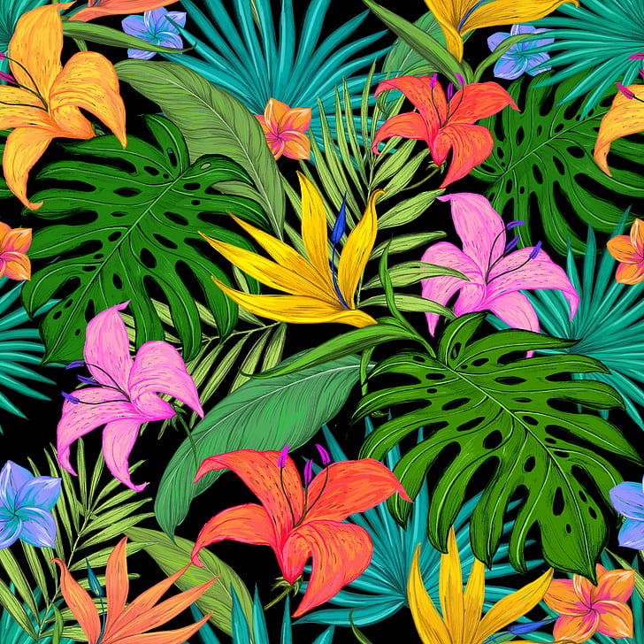 pattern, tropical, flowers, leaves, lilies, palm leaves, colored, HD wallpaper