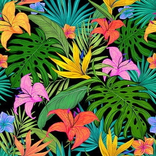 узор, тропический, цветы, листья, лилии, пальмовые листья, разноцветные, HD обои HD wallpaper