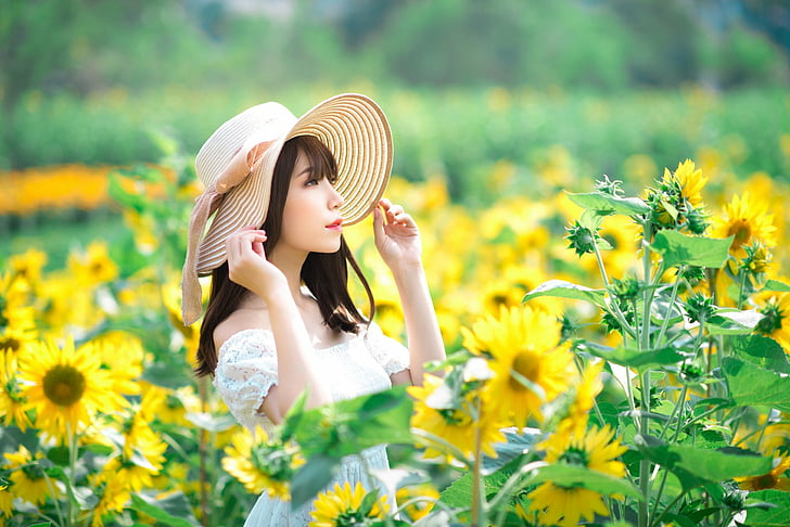Women, Asian, Brunette, Depth Of Field, Flower, Girl, Hat, Model, Summer, Sunflower, White Dress, Woman, Yellow Flower, HD wallpaper