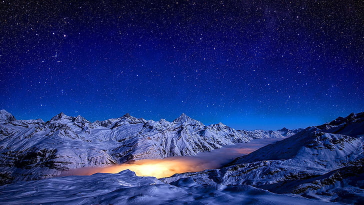 cresta, naturaleza, luz de la luna, luna, iluminación, Suiza, Zermatt, glaciar, glaciar Gorner, nebulosa de la laguna, rocoso, cresta rocosa, invierno, estrellado, estrellas, Alpes, Alpes Peninos, Gornergrad, Fondo de pantalla HD