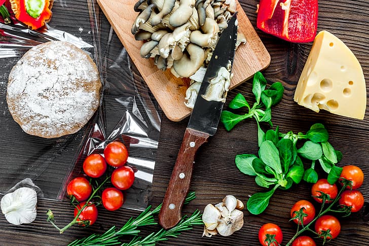 greens, mushrooms, cheese, tomato, garlic, the dough, billet, HD wallpaper