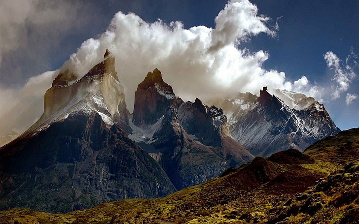 puncak bersalju, pemandangan, awan, pegunungan, Wallpaper HD