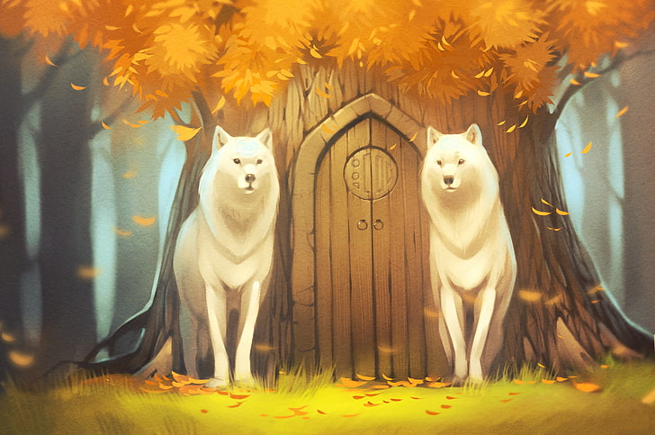 two white wolves standing near brown tree house painting, forest, tree, wolf, the door, art, white wolves, HD wallpaper