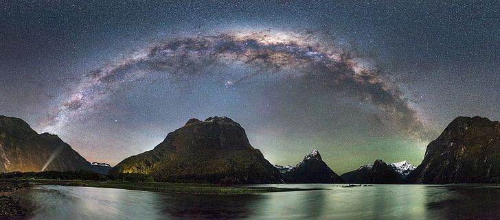 natur, landskap, panorama, berg, Vintergatan, galax, stjärnklar natt, snöig topp, fjord, Milford Sound, Nya Zeeland, lång exponering, HD tapet