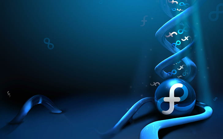 Fedora OS, plakat z czarno-niebieskim ornamentem w kształcie piłki, fedora, marki i logo, Tapety HD