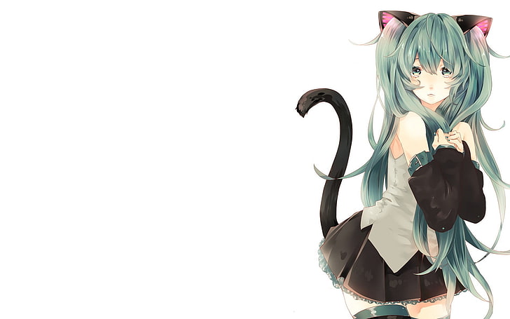ilustrasi karakter anime wanita kucing, gadis anime, Vocaloid, Hatsune Miku, rambut panjang, poni, rambut hijau, mata hijau, nekomimi, telinga hewan, telinga kucing, ekor, lengan terpisah, rok, paha-tinggi, bahu telanjang, latar belakang putih, Wallpaper HD