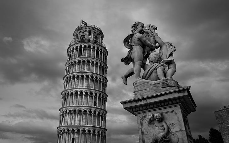 angels, architecture, artistic, babies, black, buildings, children, clouds, gothic, history, italy, leaning, monument, pisa, sky, statue, tourist, tower, white, HD wallpaper