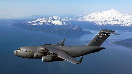 военный самолет, самолет, самолеты, небо, Boeing C-17 Globemaster III, самолет, горы, пейзаж, военный, HD обои HD wallpaper