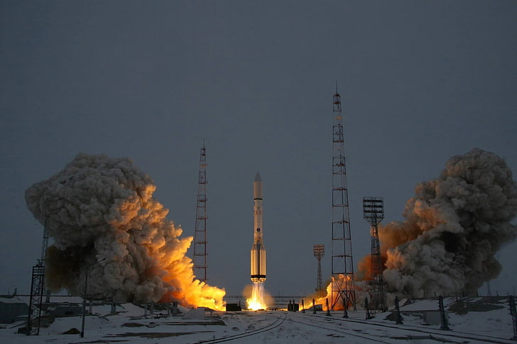 launching rocket, rocket, smoke, dust, burning, winter, snow, evening, Proton, Roscosmos, HD wallpaper