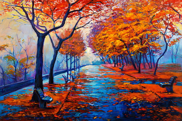 orange leafed trees painting, landscape, paint, picture, painting, autumn, oil, watercolor, HD wallpaper