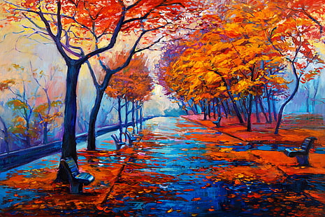 оранжеви листни дървета живопис, пейзаж, боя, картина, живопис, есен, масло, акварел, HD тапет HD wallpaper