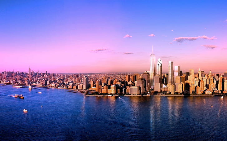 città, urbano, New York City, paesaggio urbano, costa, barca, Sfondo HD