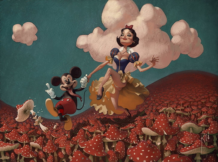 Mickey Mouse and Snow White, art, red, cloud, snow white, mushroom, waldemar von kozak, mickey mouse, fantasy, girl, disney, HD wallpaper
