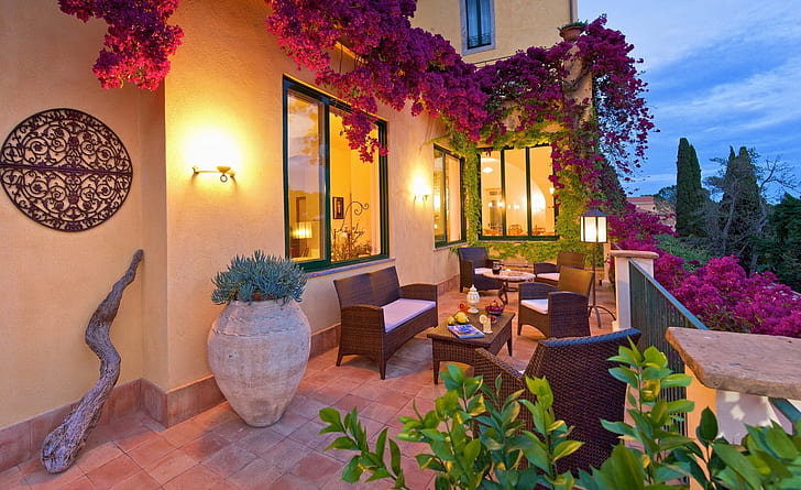 Beautiful House Terrace, Architecture, beautiful, house, terrace, dusk, flowers, HD wallpaper