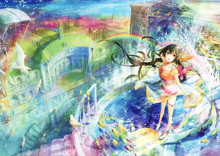 Anime, Original, Girl, Original (Anime), Rainbow, Wallpaper HD