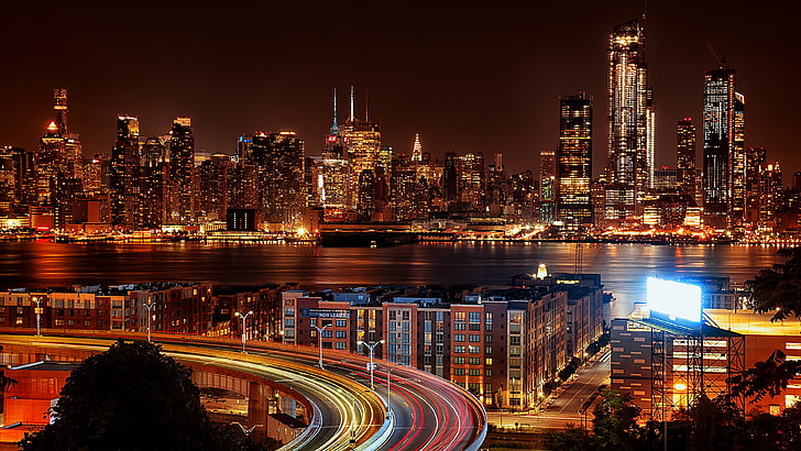 paisaje urbano, senderos de luz, ciudad, reflexión, horizonte, metrópoli, noche, estados unidos, nueva york, rascacielos, larga exposición, Fondo de pantalla HD