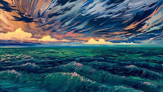 ciel, nature, mer, océan, artistique, paysage marin, vague, horizon, peinture, art numérique, paysage, peinture numérique, art fantastique, ouvrages d'art, nuageux, art, Fond d'écran HD HD wallpaper
