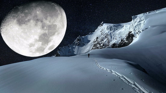 астрономический объект, человек, снежный, вершины, пик, лед, след, арктика, следы, ледниковая форма местности, полная луна, зима, воображение, явление, снег, природа, луна, замерзание, небо, суперлун, HD обои HD wallpaper