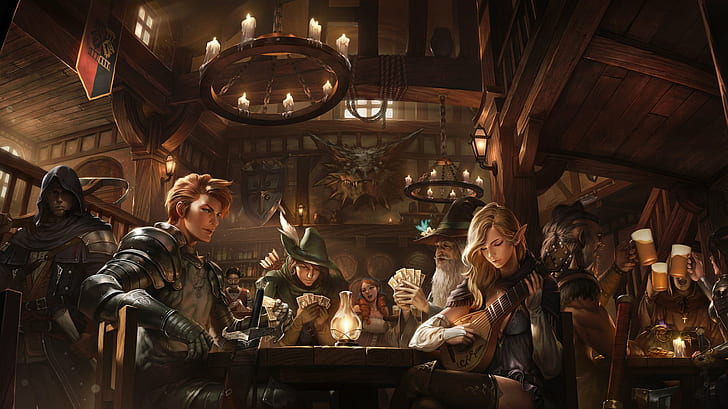 pointed ears fantasy art tavern candles, HD wallpaper