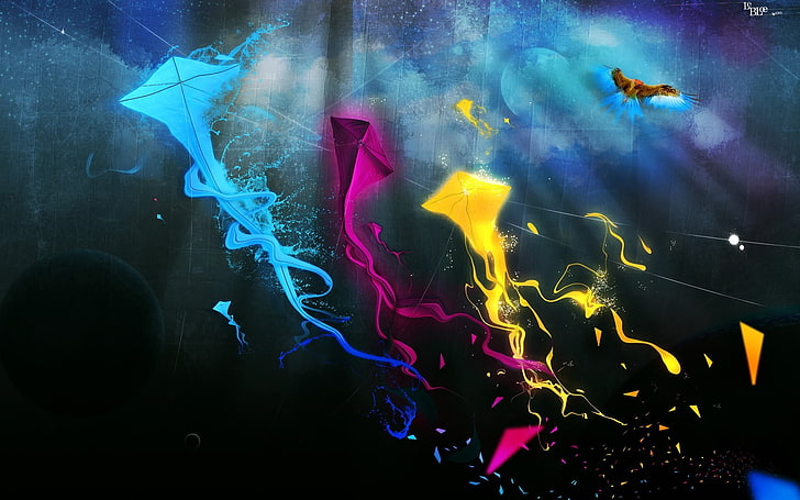 three blue, purple, and yellow kites wallpaper, fantasy art, kites, streaks, CMYK, HD wallpaper