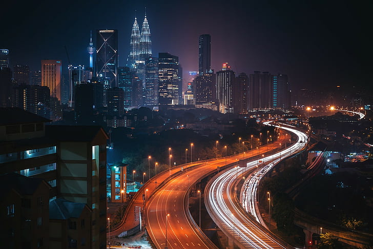 بناء، كوالالمبور، مدينة، طريق، ليل، ماليزيا، أضواء، خلفية HD