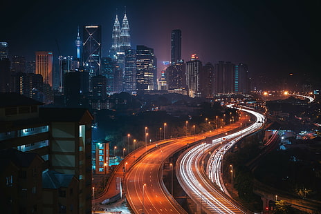 здания, Куала Лумпур, город, дорога, ночь, Малайзия, огни, HD обои HD wallpaper