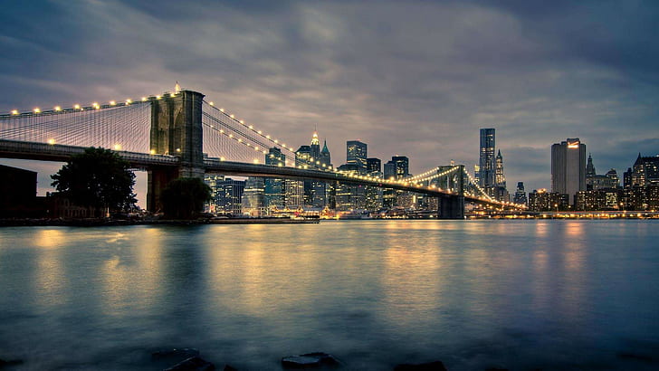 Bridge in New York, Night, bridge, city, New York, HD wallpaper