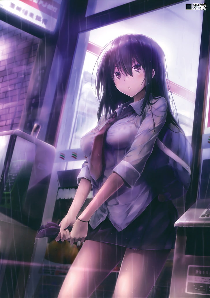 черноволосая женщина аниме иллюстрации персонажей, дождь, оригинальные персонажи, мокрая одежда, аниме девушки, HD обои, телефон обои